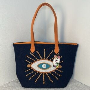 Express Edit Navy Blue Beaded Evil Eye Tote‎ Bag Orange Handles NWT
